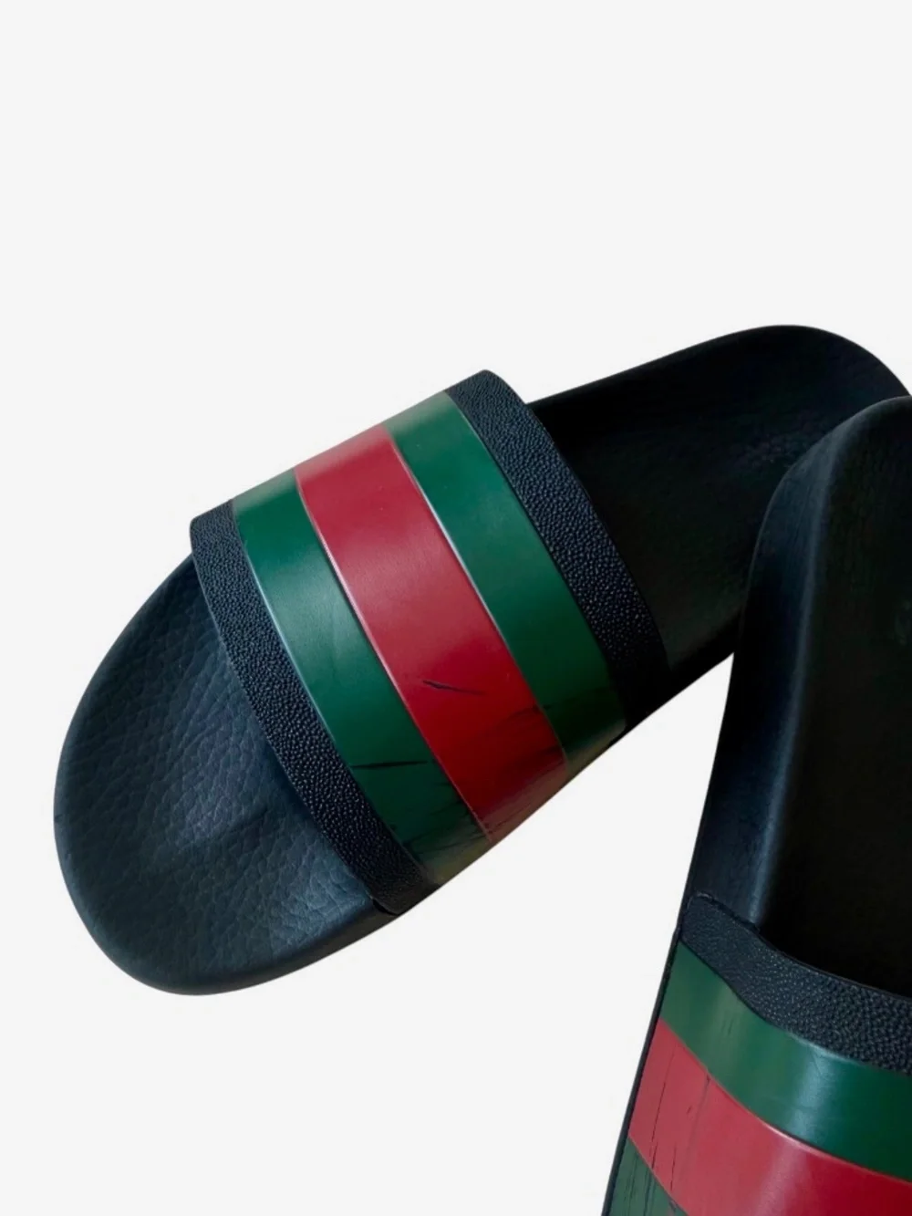 Gucci Web Rubber Slide Sandals Men 9 Black Green Red Stripe Beach Pool READ COND